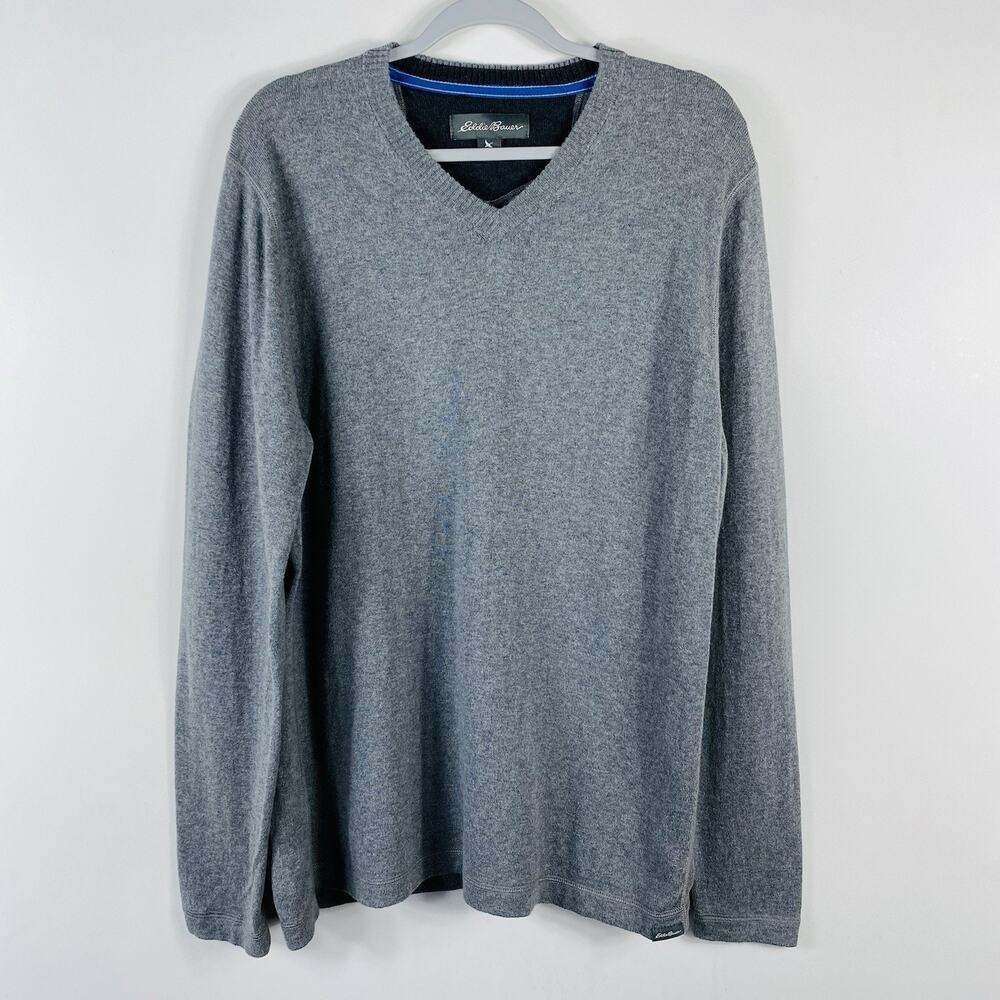 Eddie Bauer Sweater Men's Large Gray Cotton Merino Wool V-Neck Pullover
